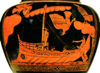 Odysseus resisting Sirens, on Theban pottery